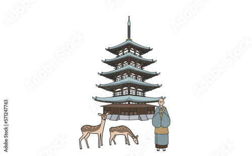 五重塔とお坊さんと鹿のイラストアウトラインあり