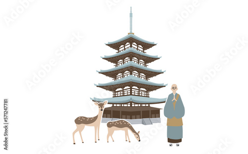五重塔とお坊さんと鹿のイラスト　アウトラインなし