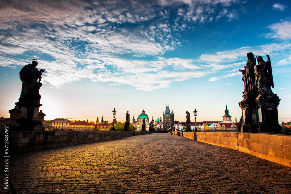 fascinating mystical landscape with Charles Bridge in an old city in Prague, Czech Republic at dawn. amazing places. popular tourist atraction