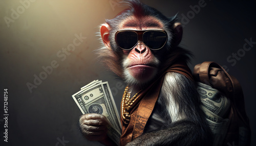 Lustiger Affe mit Sonnenbrille und Geldscheinen in der Hand, Generative AI photo
