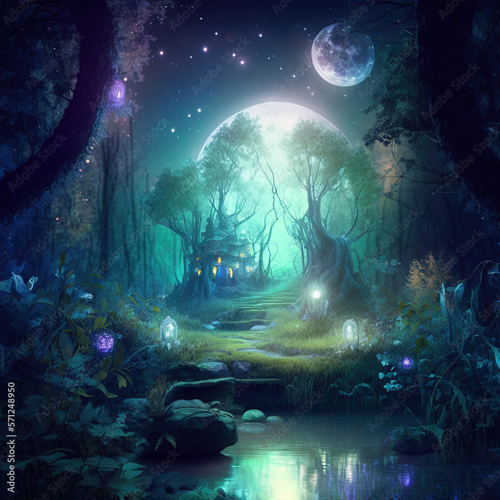 Fantasy landscape, magical night, fairy tale forest