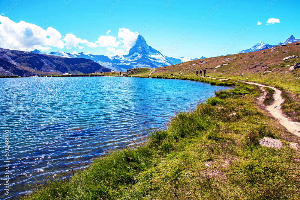 Fantastic landscape with the Matterhorn in the Swiss Alps and Lake Stellisee, near Zermatt, Switzerland.
