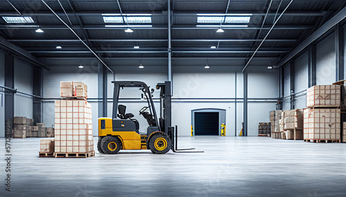 Gabelstapler mit Paketen in einer riesigen Lagerhalle : Effiziente Lagerwirtschaft und Logistik in Aktion - Generative Ai