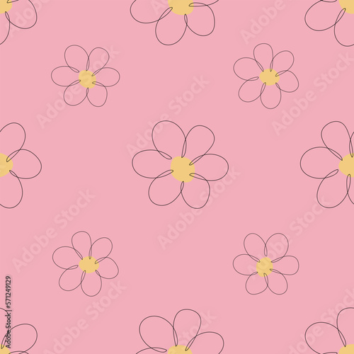 Seamless pattern of flowers hand-drawn with one line on a pink background