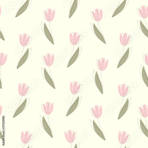 Seamless pattern of tulip flowers drawn in one line with color spots on a yellow background