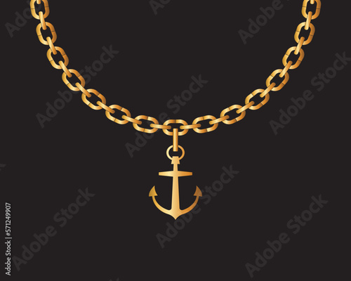 Gold necklace with anchor illustration, vector design