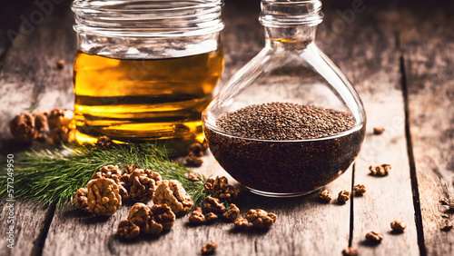 glass bowl with some flax and glass with linseed oil and some wallnuts laying on an old wooden table as natural vegan source of omega-3 and proteins, generative AI