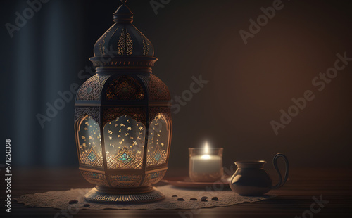 ramadan kareem with ornamental arabic lantern burning glowing candle and blank space on left side, Generative AI
