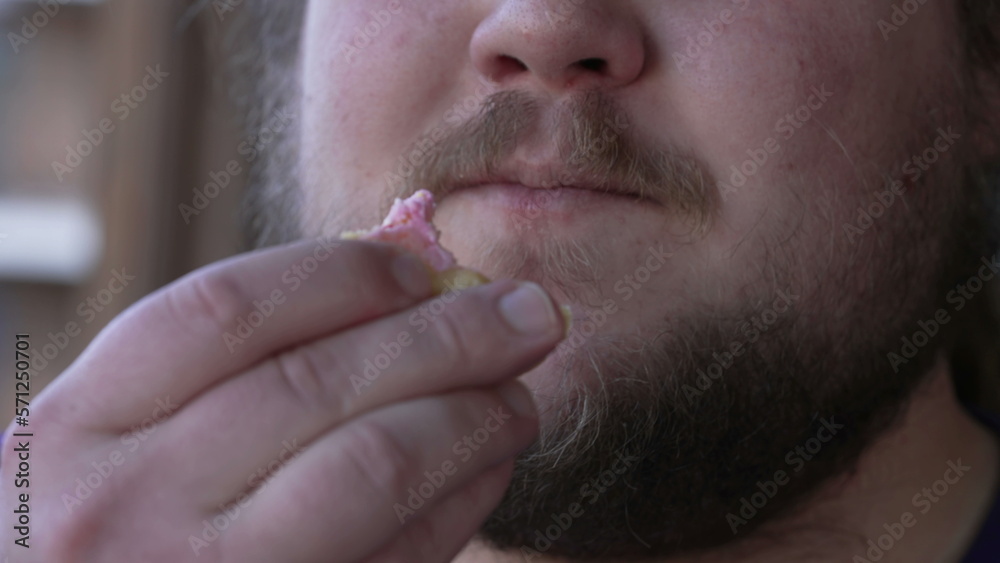 Fototapeta premium One fat guy eating last piece of doughnut donut. Closeup mouth chewing junk food