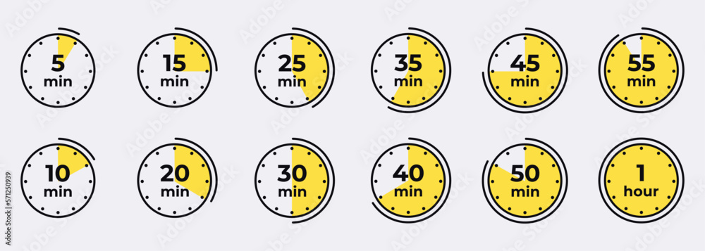 Timer, clock, stopwatch isolated set icons. Countdown timer symbol icon set. Label cooking time. Vector illustration - obrazy, fototapety, plakaty 