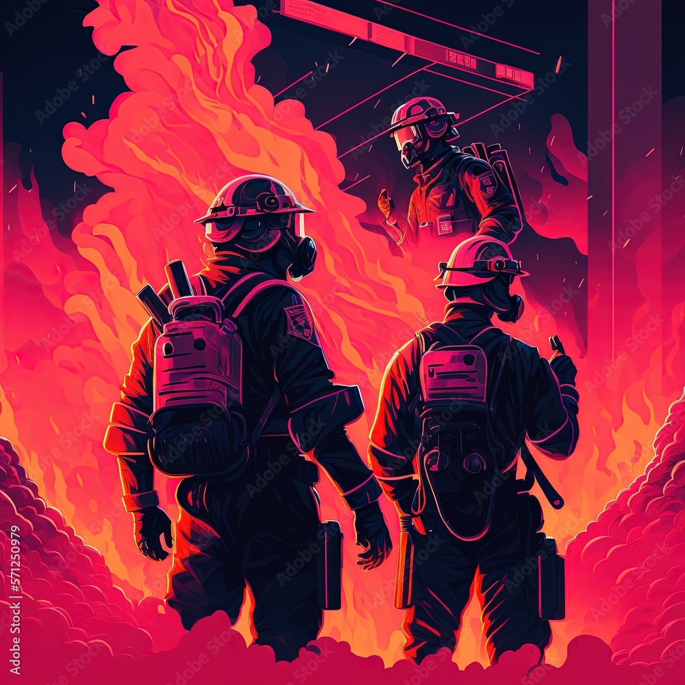 Illustration of firefighter in action, fighting with fire. Concept for poster or template for international firefighters day. Generative AI