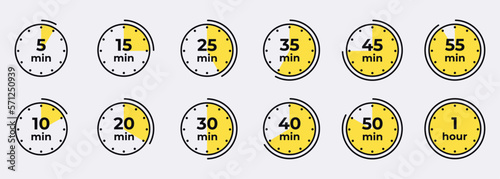 Timer, clock, stopwatch isolated set icons. Countdown timer symbol icon set. Label cooking time. Vector illustration photo