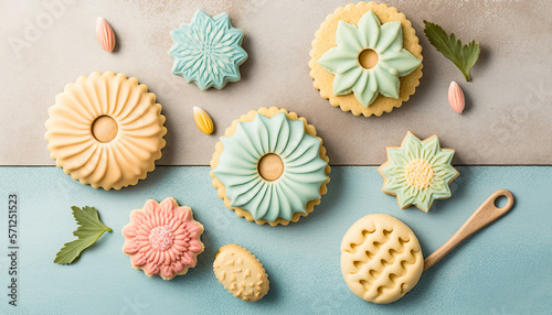 Delicious cookies in the form of spring flowers on a neutral background. Space to place text.