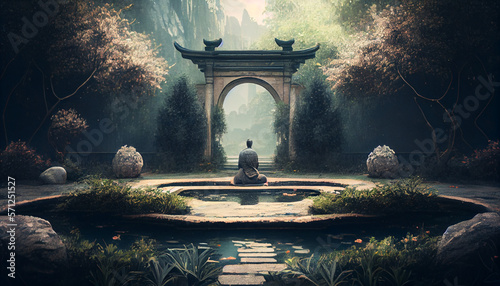 A person meditating in a peaceful garden generative AI photo