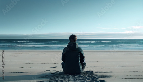 A person sitting on the beach, looking at the horizon with a serene and meditative gaze. generated by AI