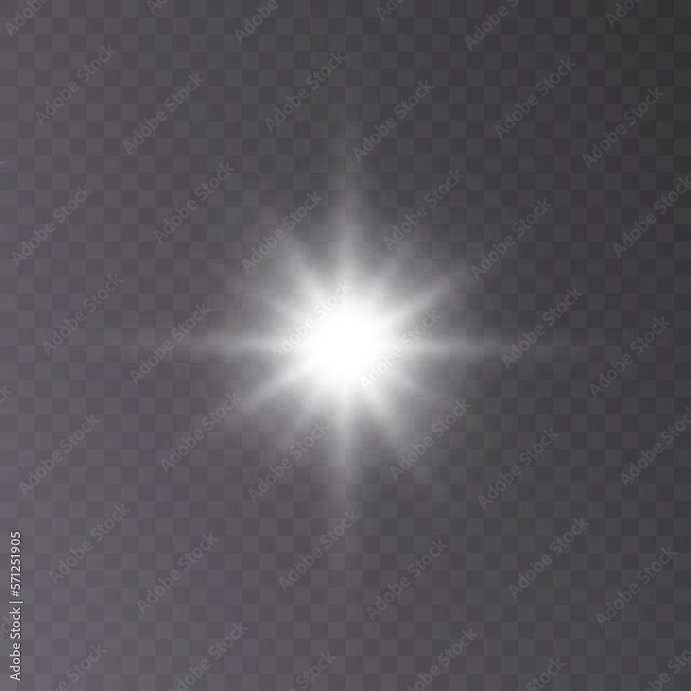 Bright sun shines with cold rays, vector illustration Glowing white star on a transparent background. Flash of light, sun, twinkle. Vector for web design and illustrations.	
