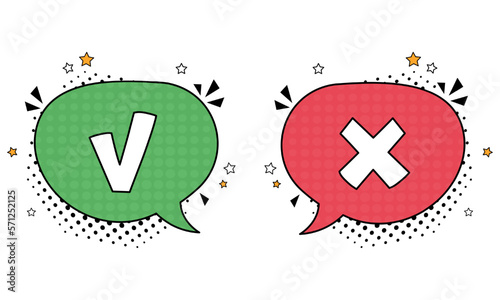 Comic speech bubble with cross and check mark icons. Vector bright dynamic cartoon illustration in retro pop art style. Vector illustration
