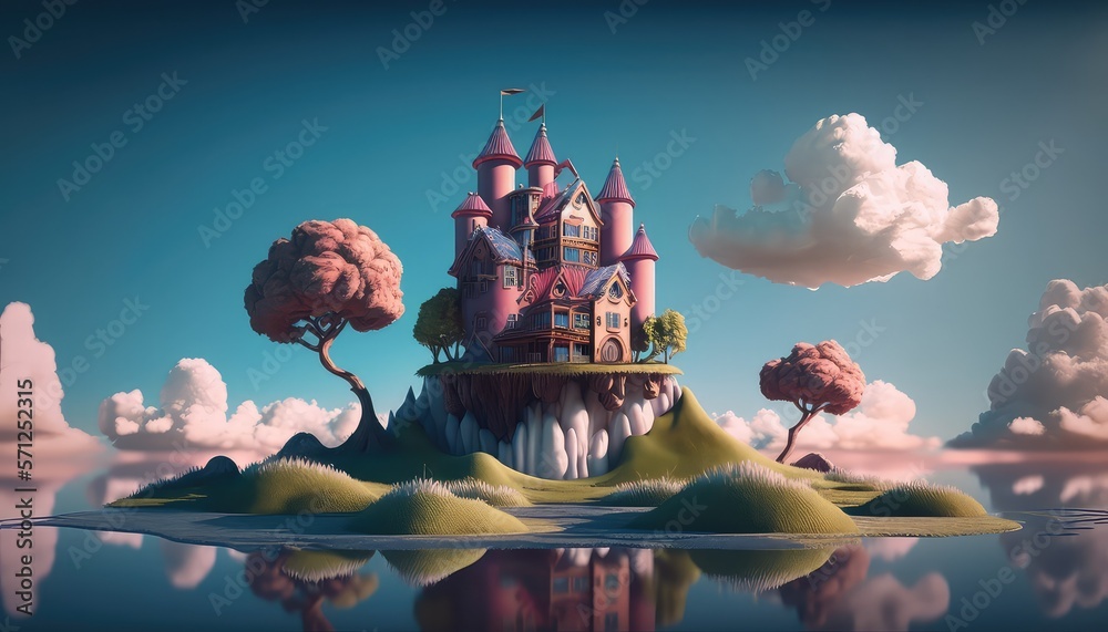 Pink magic castle on a floating island in a blue sky with fluffy clouds ...