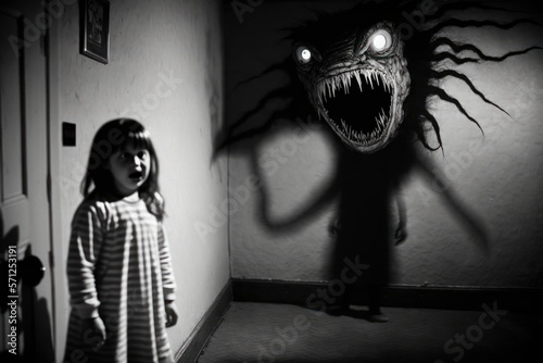 Valokuvatapetti The image of a nightmare in reality, an evil spirit in a bedroom, black and whit