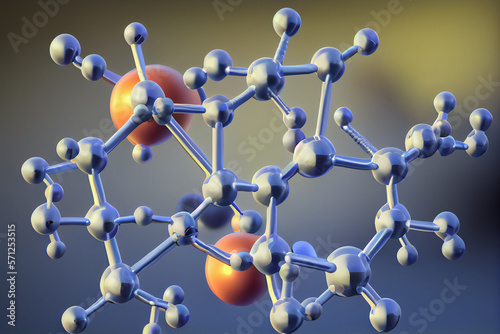 blue and orange molecular network, chemical molecular compounds on dark blue background , chemistry, medicine, bioengineering research, biotech