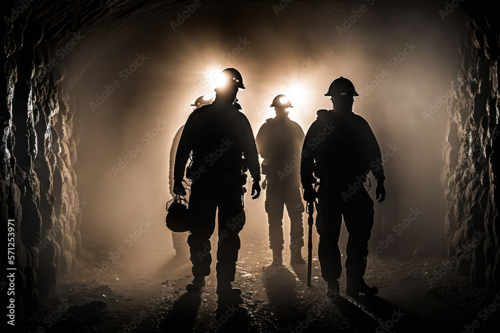 group of miners with headlamps working underground in the mine. generative ai