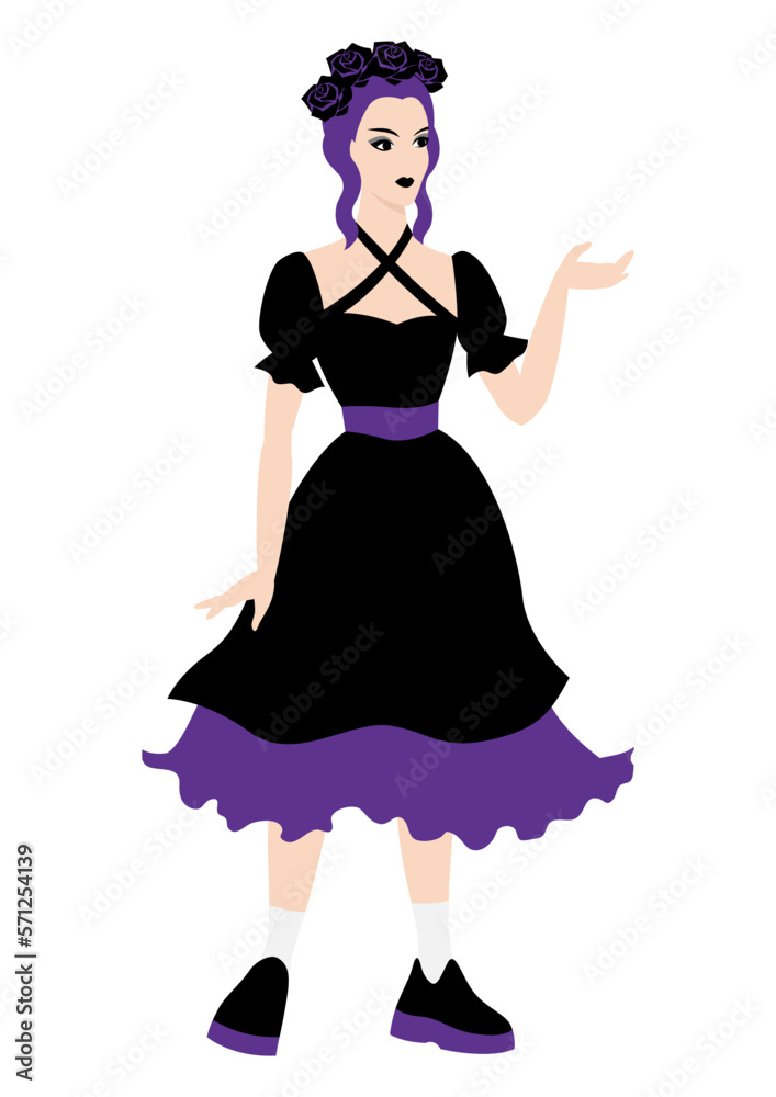 Illustration of girl in gothic style. Dark dress. Image for holiday and party.