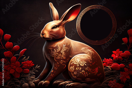 Happy Chinese New Year 2023, year of the rabbit. Portrait super rabbit colors and dark background. Mid Autumn Festival. Generative AI technology