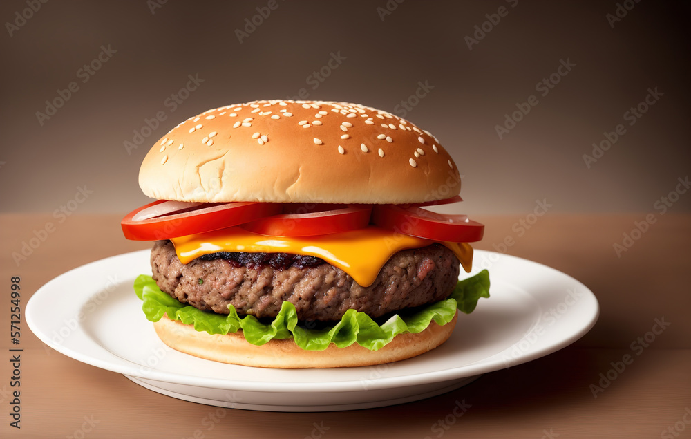 Fresh tasty Burger on a plate in the restaurant. Photo of American Food close up with copy space. Generative AI.