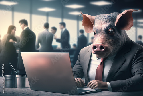 Surreal image of a pig wearing formal suit is working in a corporate office. generative AI © AJay