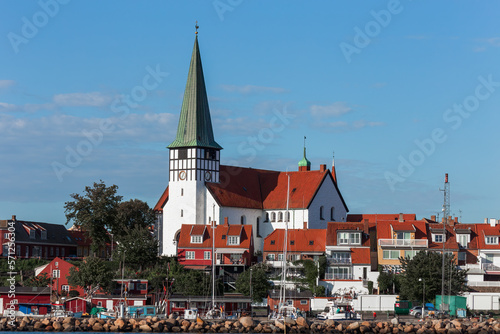 little town Ronne harbor and church panorama from the sea, Bornholm, Denmark