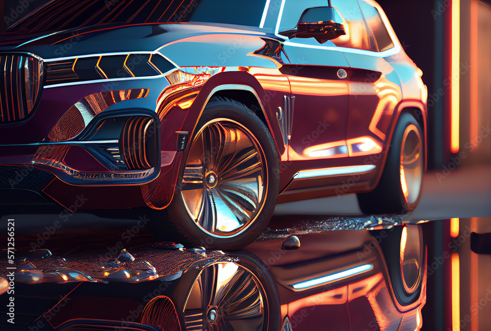 reflection of a modern car in a puddle of water, generative ai