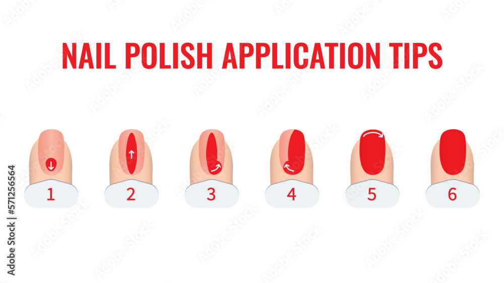 Nail polish application technique infographics. 6 steps of nail painting. Red fingernails on