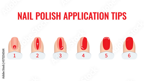 Nail polish application technique infographics. 6 steps of nail painting. Red fingernails on blue background. Professional manicure beauty concept. Vector illustration.