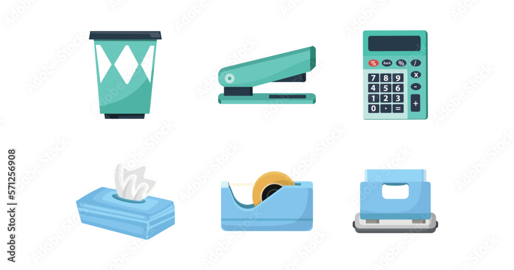 Calculator,Stapler,Tape cutter,Cup,Tissue box.Stationary element in cartoon character,