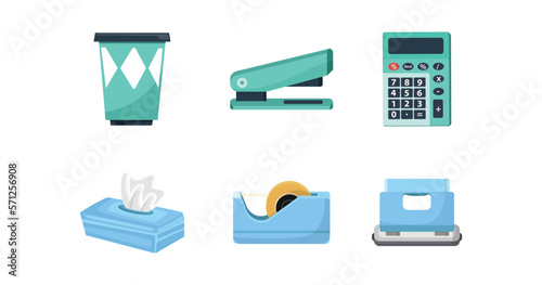 Calculator,Stapler,Tape cutter,Cup,Tissue box.Stationary element in cartoon character,