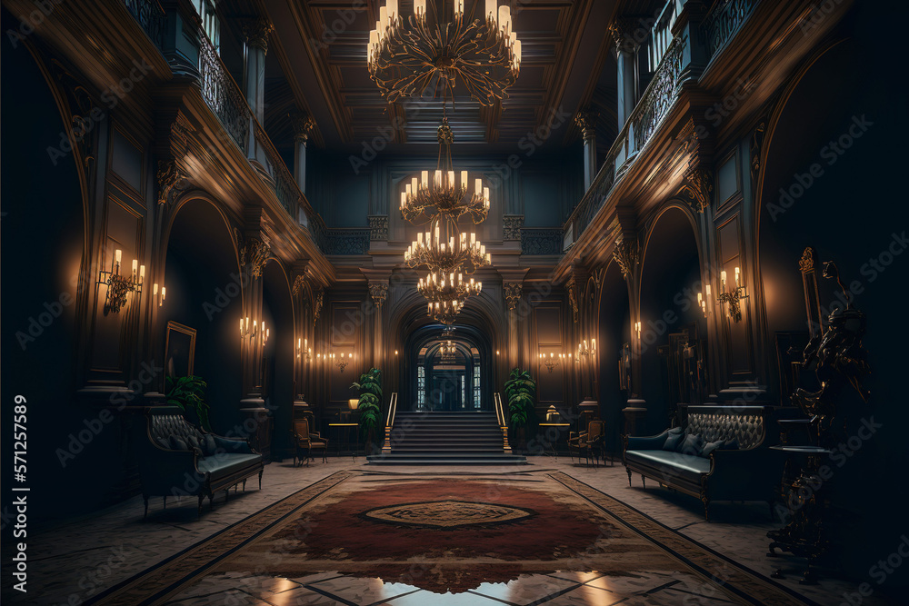 Obraz premium Luxury dark and classic hotel lobby with furniture, Generative AI