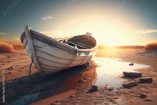Old rowing boat ran aground, around sand and puddle of water Fototapet