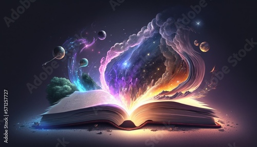 Open book with galaxy milky way stars other dimension cloud space Made with Generative AI