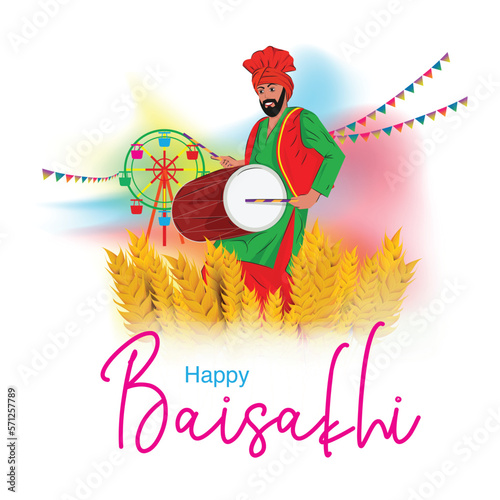 vector illustration of happy Baisakhi. Punjabi man Doing Bhangra with drums in Field