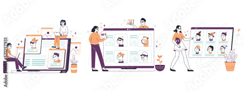 Non fungible tokens. Digital crypto art, cryptocurrency token, people selling and buying NFT crypto arts. Flat vector illustration on white background