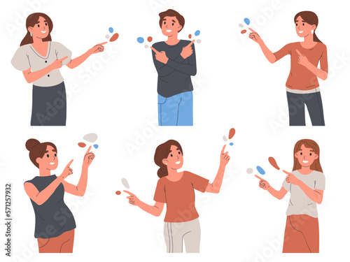 People pointing with index fingers. Cheerful male and female characters indicating, pointing up and side flat vector illustration set on white background
