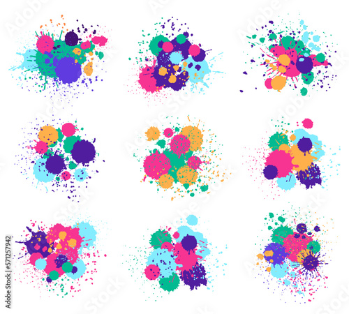 Paint splashes. Colorful ink blots, abstract paint splatter drops, spray paint splash flat vector illustration set isolated on white background