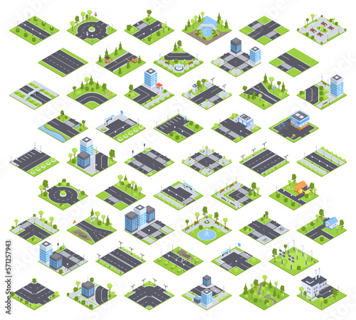 Isometric road elements, city map constructor. Street road crossroads with traffic lights, billboards, road signposts and trees 3D vector illustration set. Urban city road collection