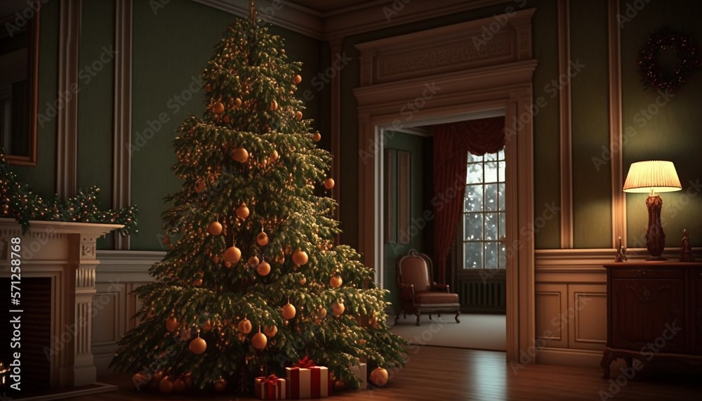 Interior background, Christmas tree, Generative ai
