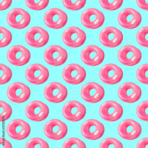 Pattern of bright pink inflatable rubber circles on a pale blue background