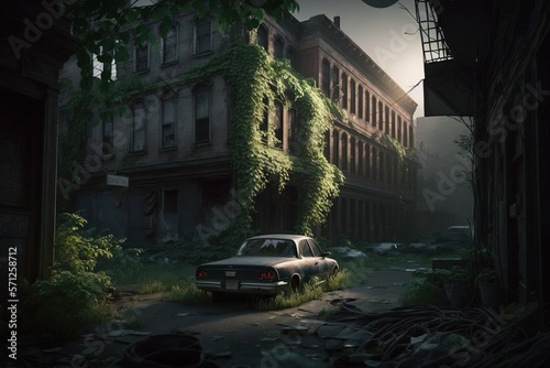 Eerie, abandoned cities or towns: An old, decaying city, with empty streets, boarded-up buildings, and overgrown greenery. Generative AI © jasniulak