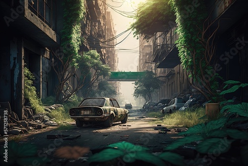 Eerie, abandoned cities or towns: An old, decaying city, with empty streets, boarded-up buildings, and overgrown greenery. Generative AI
