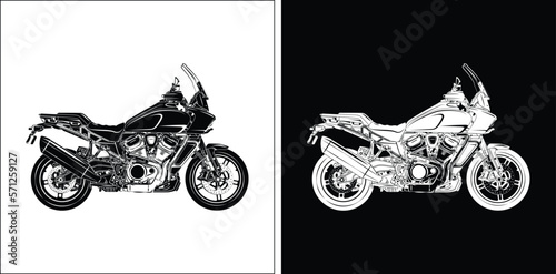 Adventure Touring Motorcycle Silhouette Side View on Black and White Background. Can be used for printed on Motorcycle Club t-shirt, background, banner, posters, web, etc.