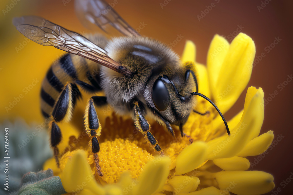 Bee on a flower, macro close up view, Spring nature background. Generative AI Bee on a flower, macro close up view, Spring nature background. Generative AI
