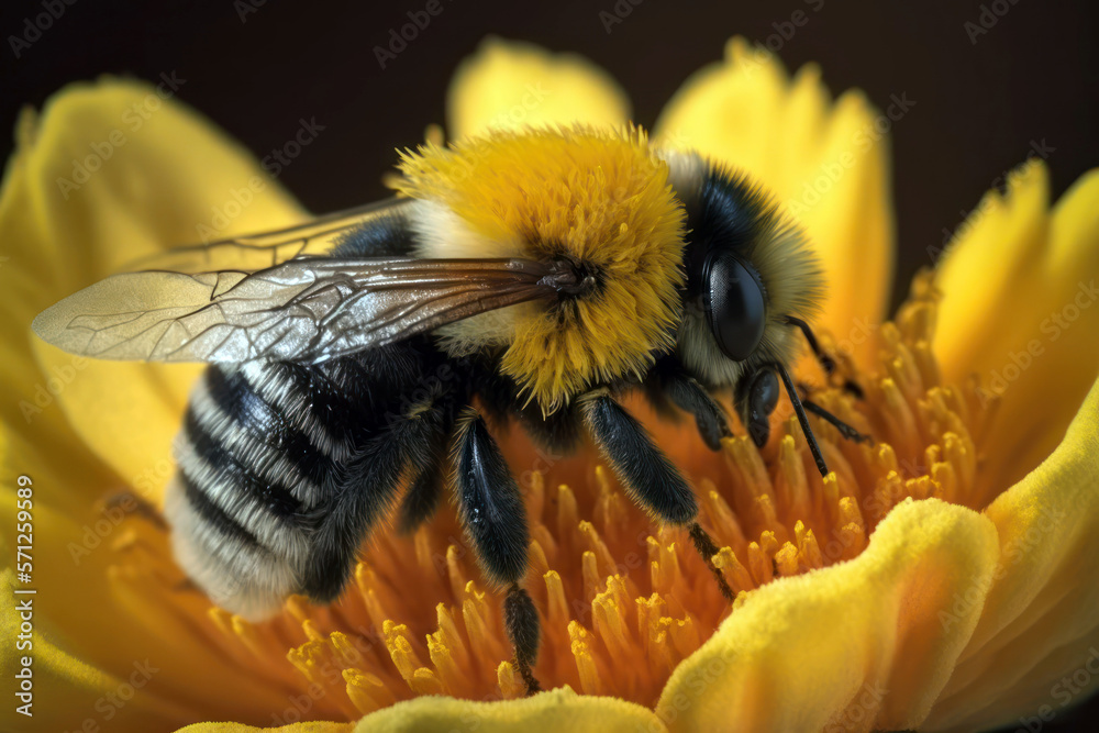 Bee on a flower, macro close up view, Spring nature background. Generative AI Bee on a flower, macro close up view, Spring nature background. Generative AI